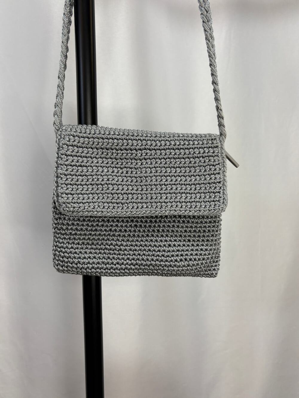 The Sak Gray Crochet Crossbody Bag Small Shoulder Purse Flap Braided Strap